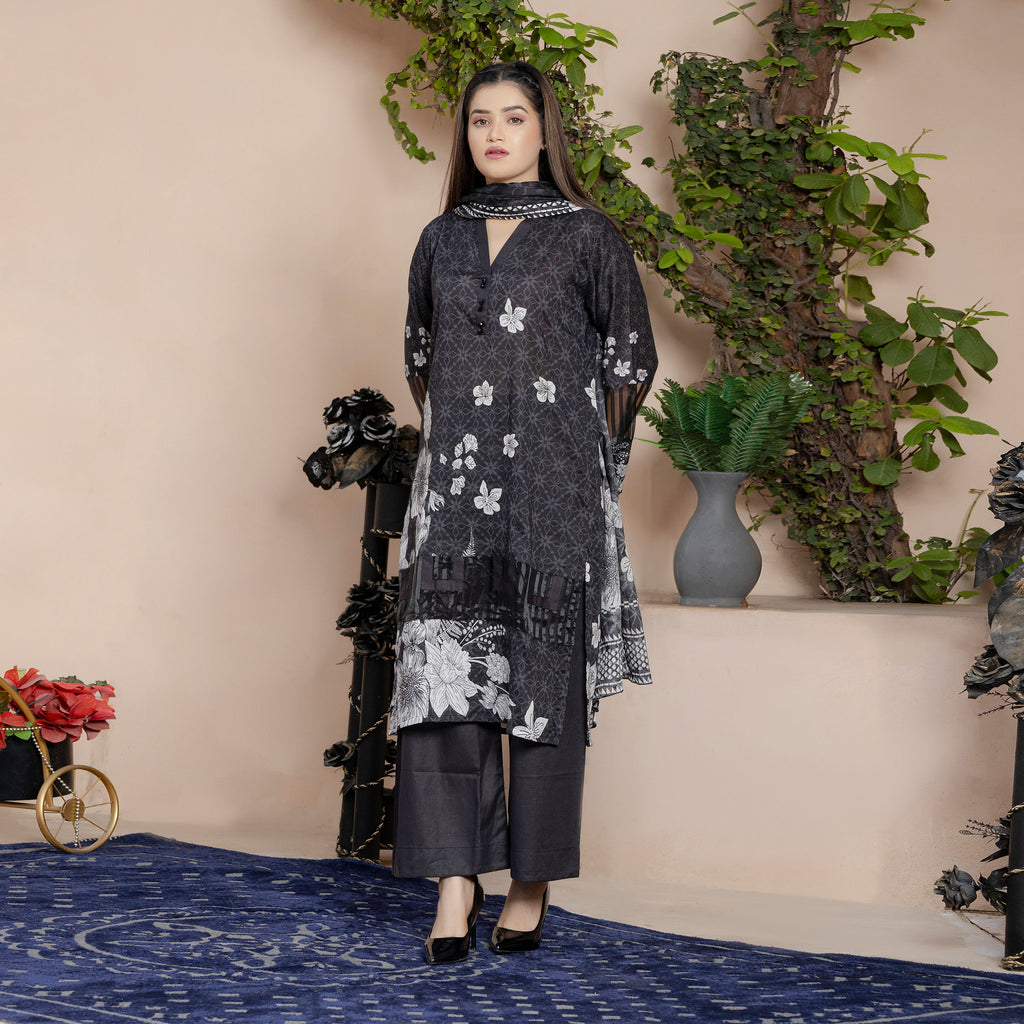 Monochrome Bloom 3-Piece Suit Stitched