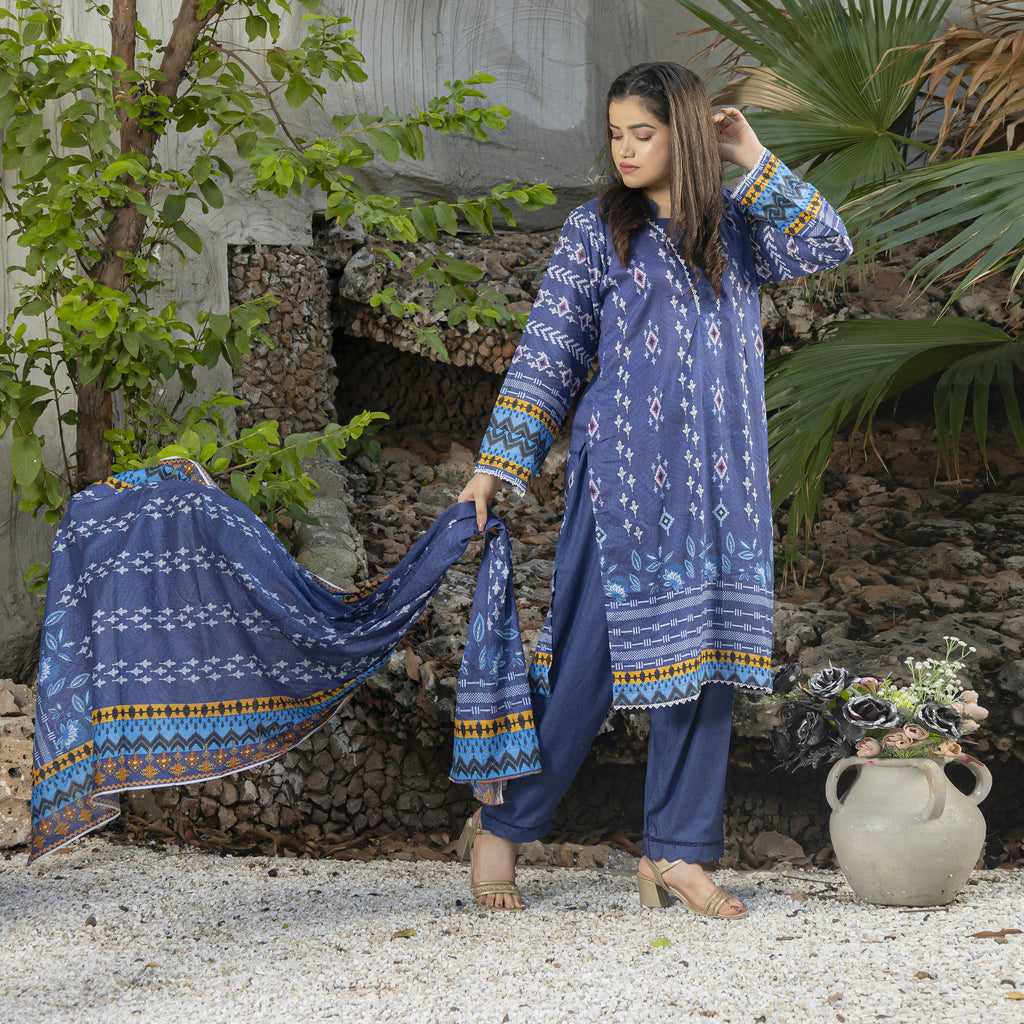 Midnight Indigo 3-Piece Lawn Suit Stitched