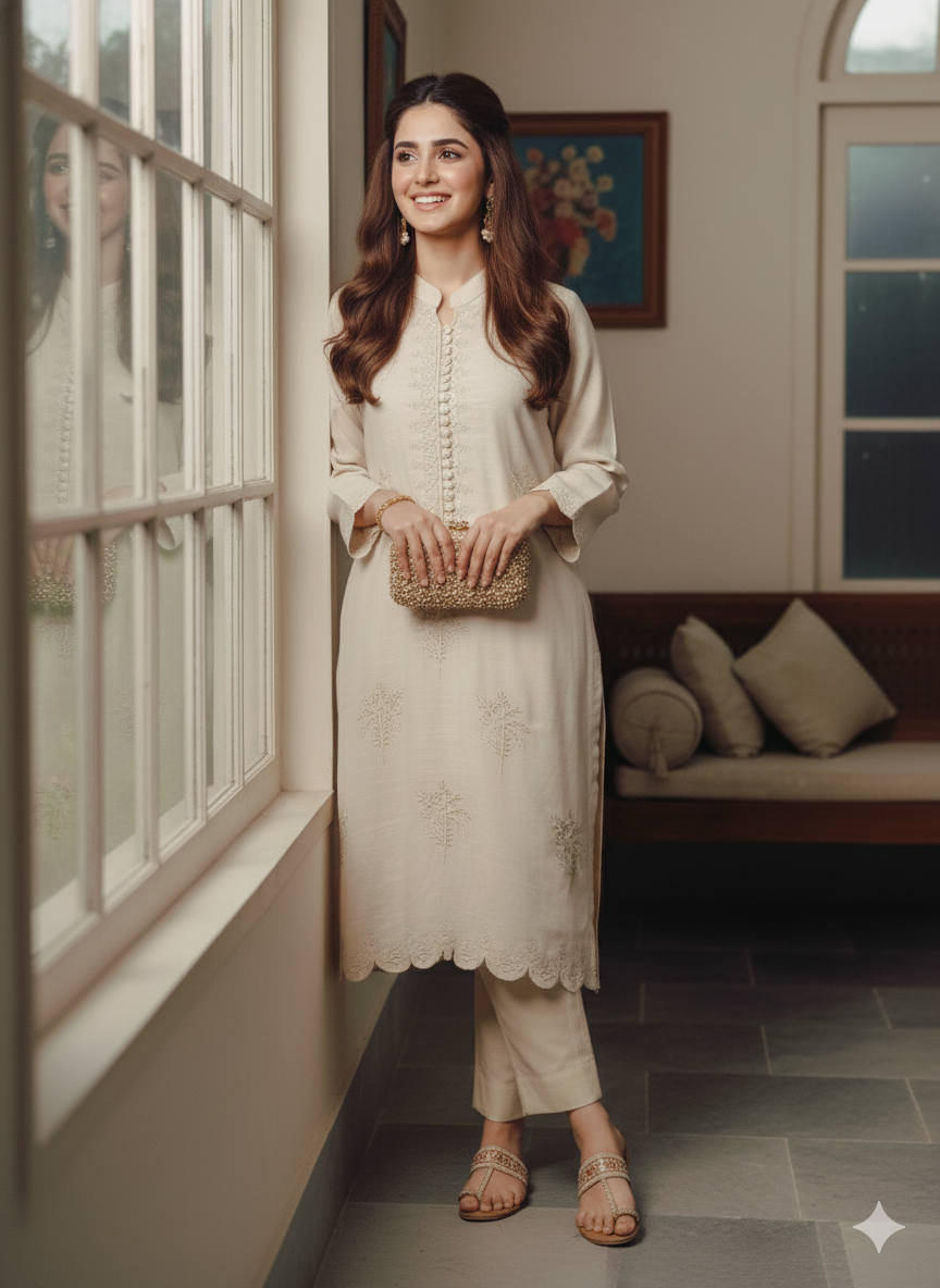 Pearl Beige 2-Piece Embroidered Suit