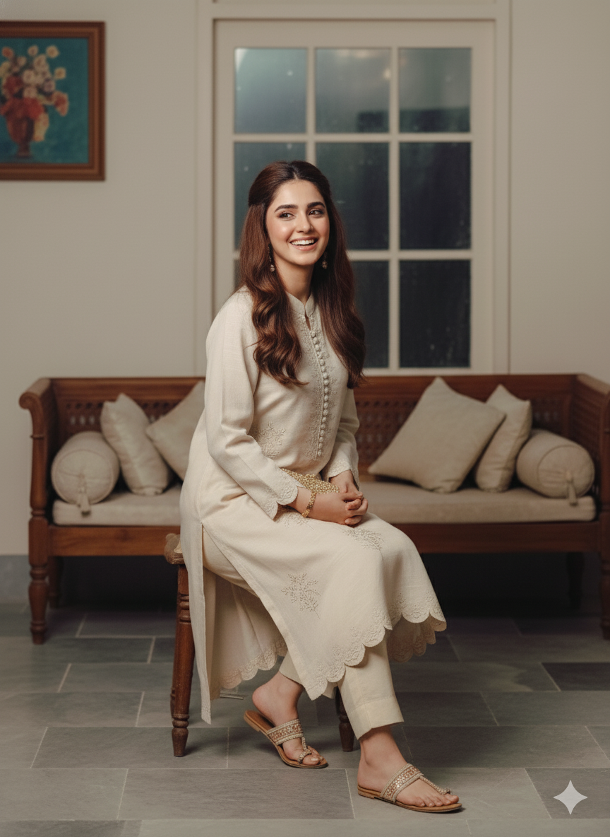 Pearl Beige 2-Piece Embroidered Suit