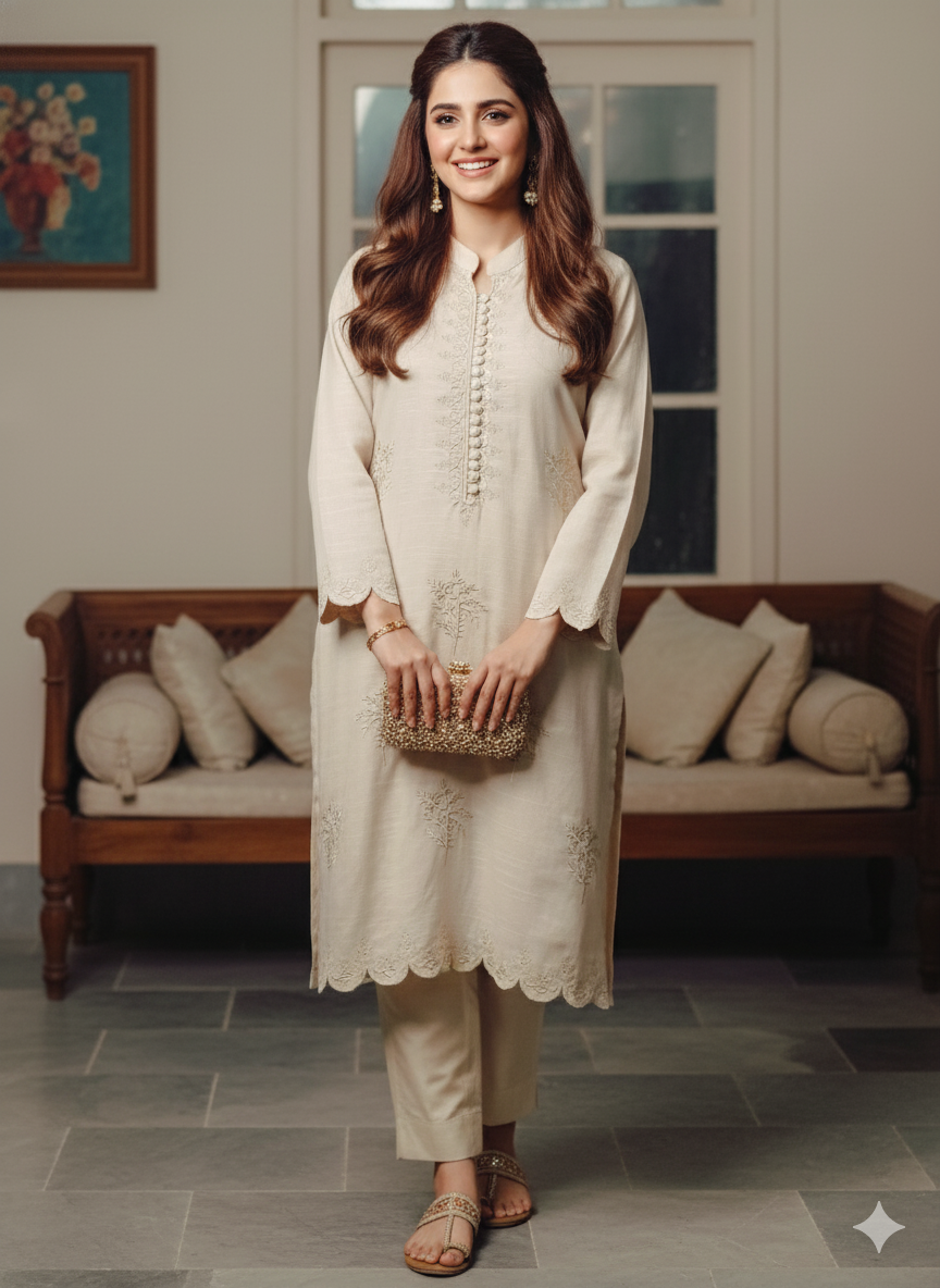 Pearl Beige 2-Piece Embroidered Suit